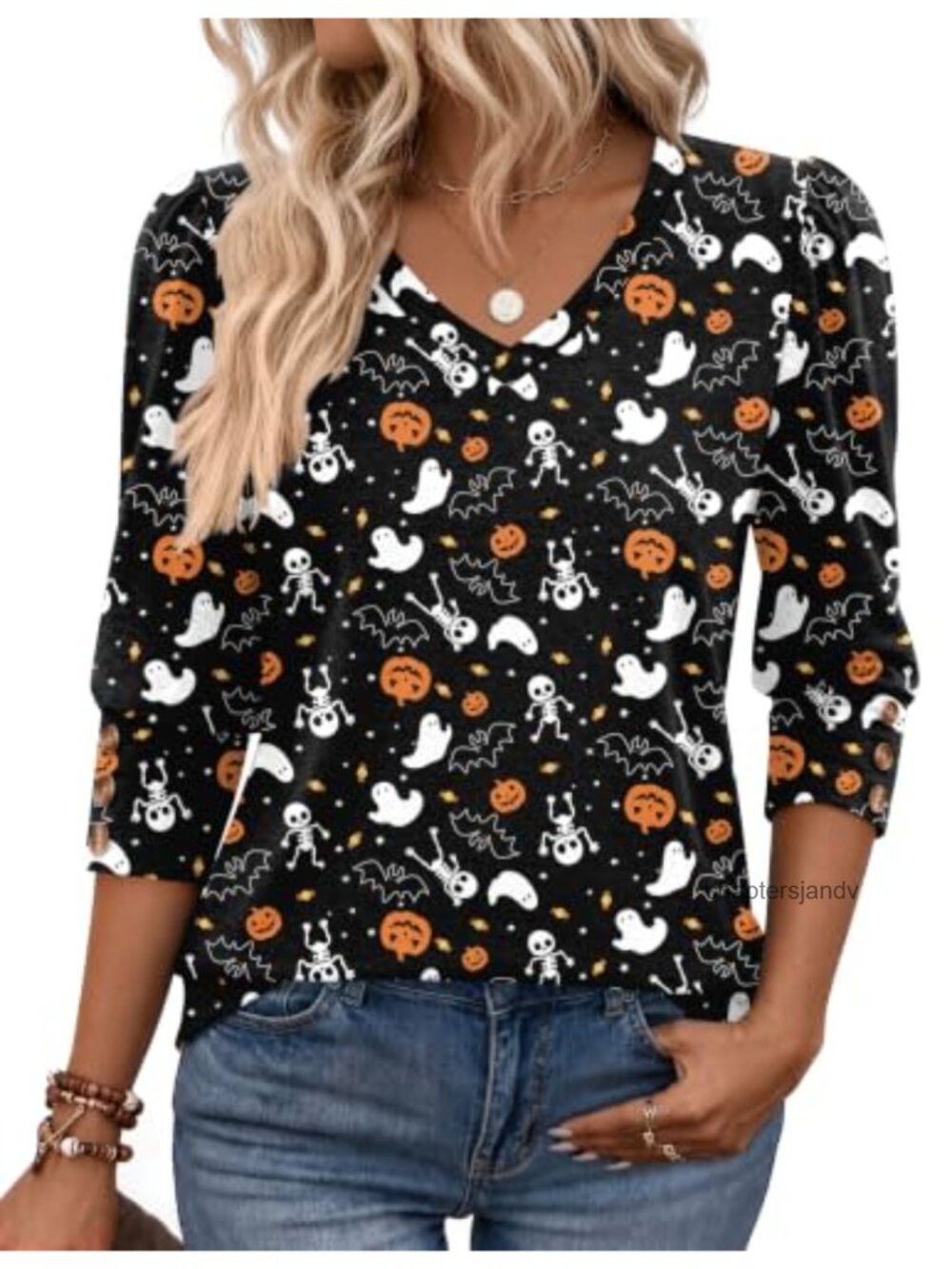 Womens 3/4 Sleeve V Neck Puff Sleeve Tunic Top Buttoned Blouse
